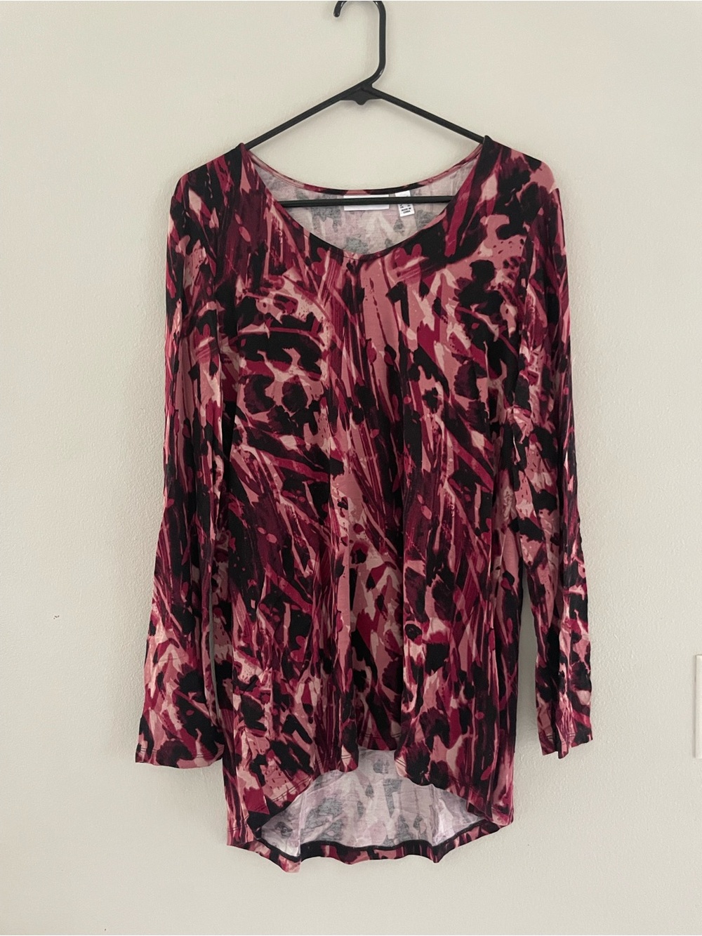 Susan Graver Pink & Black Abstract Long-V-Neck Blouse